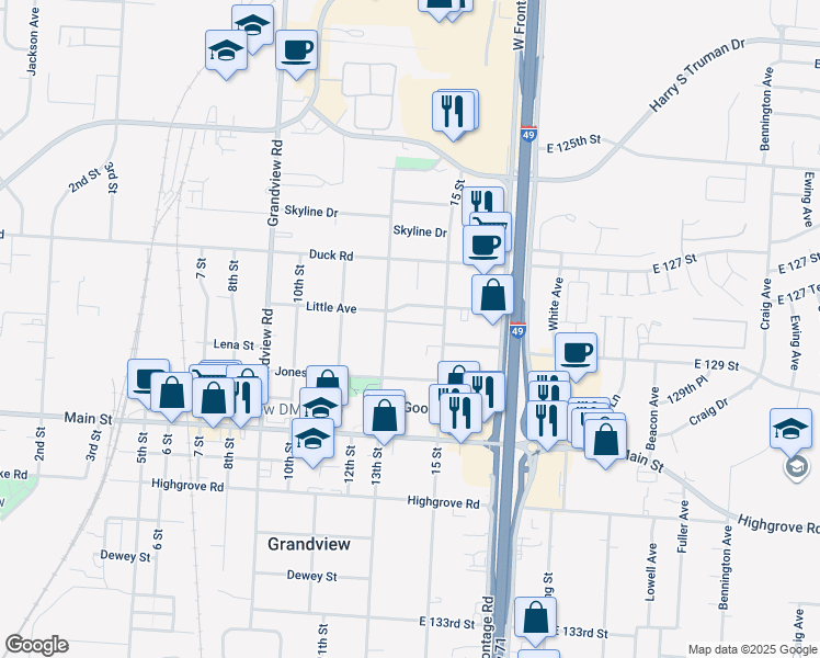 map of restaurants, bars, coffee shops, grocery stores, and more near 12820 14th Street in Grandview