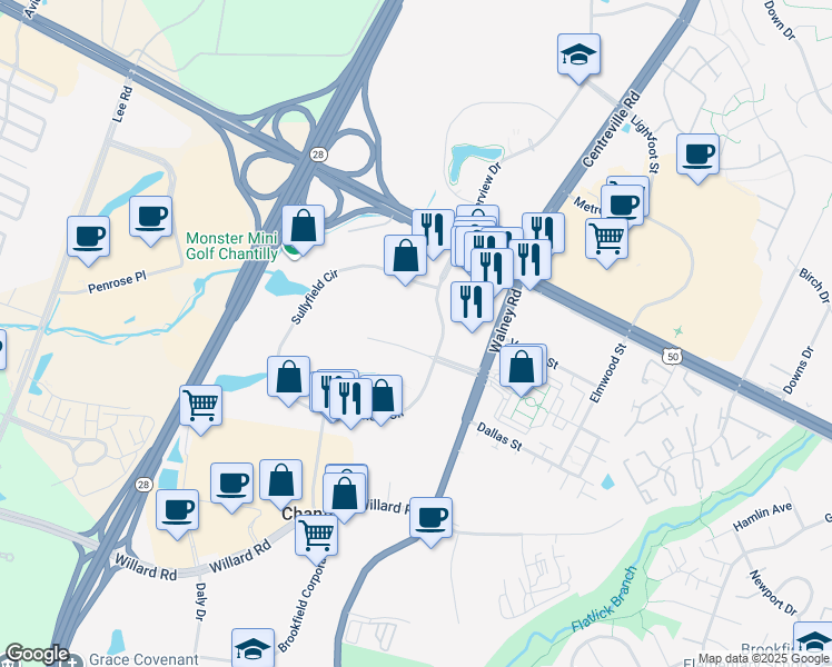 map of restaurants, bars, coffee shops, grocery stores, and more near 14100 Parke Long Court in Chantilly