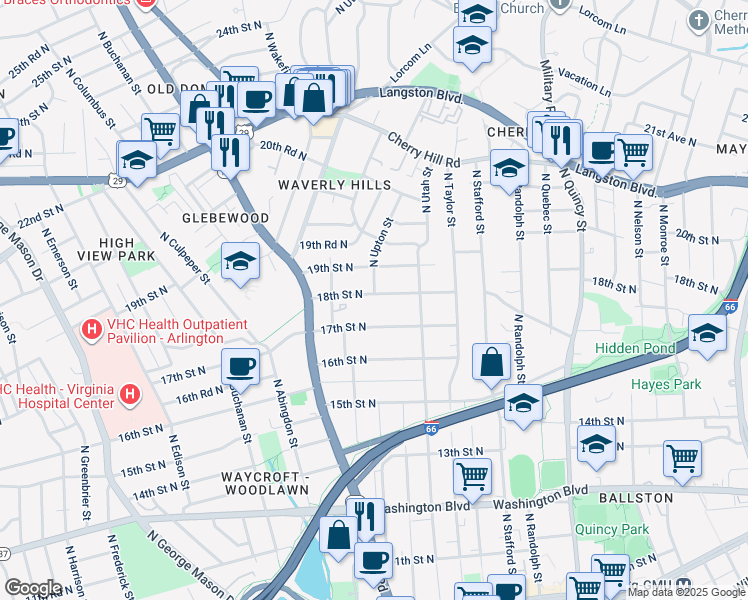 map of restaurants, bars, coffee shops, grocery stores, and more near 4440 18th Street North in Arlington