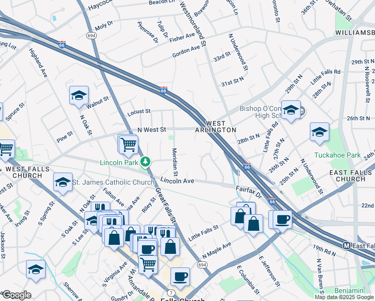 map of restaurants, bars, coffee shops, grocery stores, and more near 412 Dorchester Road in Falls Church