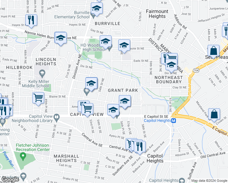 map of restaurants, bars, coffee shops, grocery stores, and more near 246 56th Street Northeast in Washington