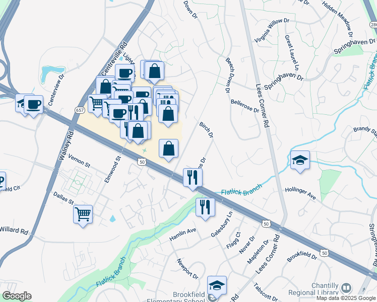 map of restaurants, bars, coffee shops, grocery stores, and more near 3917 Chantilly Road in Chantilly