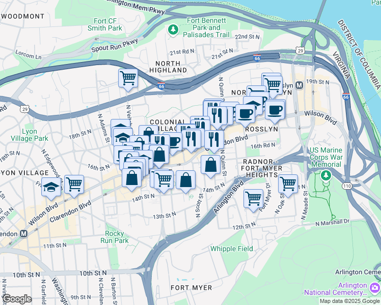 map of restaurants, bars, coffee shops, grocery stores, and more near 1919 Clarendon Boulevard in Arlington