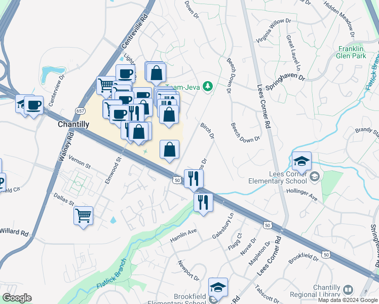 map of restaurants, bars, coffee shops, grocery stores, and more near 3917 Chantilly Road in Chantilly