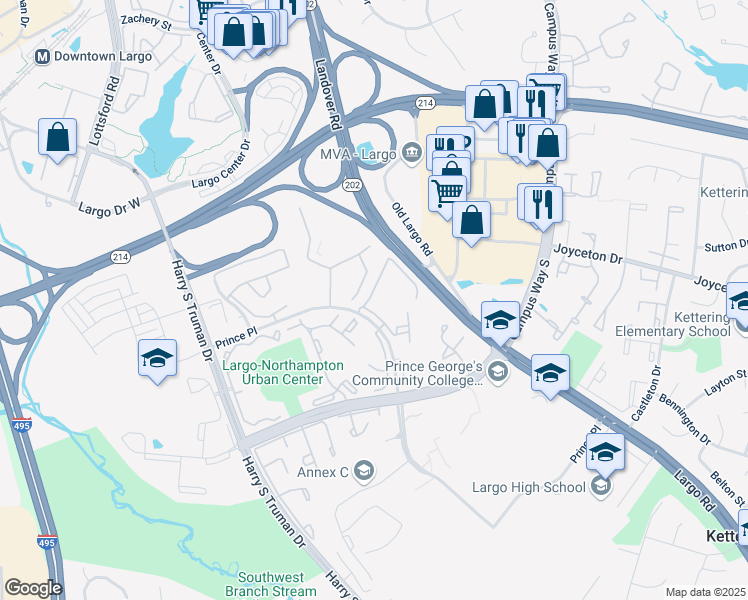 map of restaurants, bars, coffee shops, grocery stores, and more near 10202 Prince Place in Largo