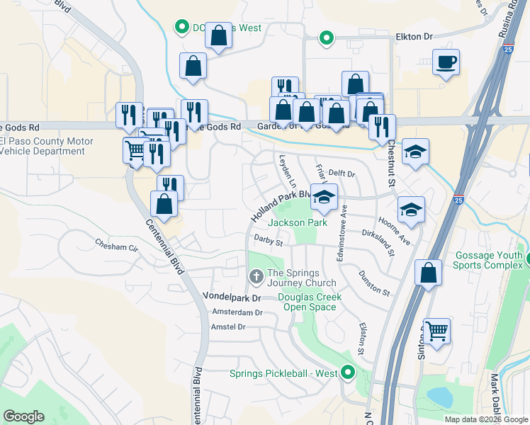 map of restaurants, bars, coffee shops, grocery stores, and more near 1201 Holland Park Boulevard in Colorado Springs
