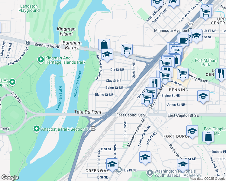 map of restaurants, bars, coffee shops, grocery stores, and more near 214 34th Street Northeast in Washington
