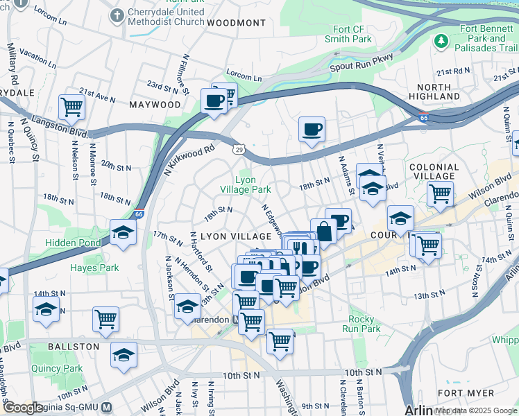 map of restaurants, bars, coffee shops, grocery stores, and more near 1720 North Edgewood Street in Arlington
