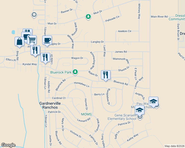 map of restaurants, bars, coffee shops, grocery stores, and more near 749 Robin Drive in Gardnerville