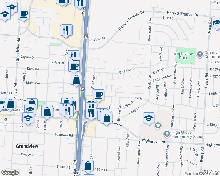 map of restaurants, bars, coffee shops, grocery stores, and more near 6214 East 129 Street in Grandview