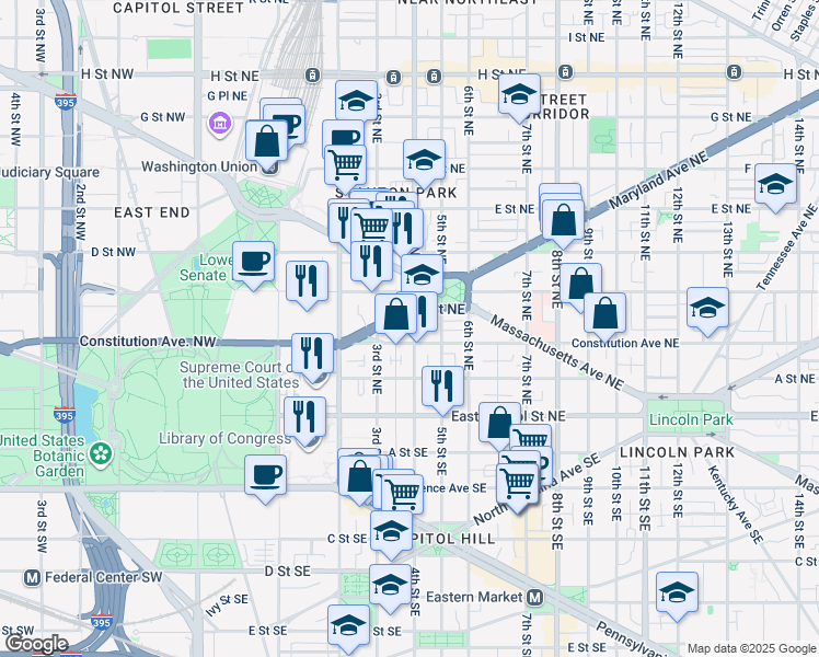 map of restaurants, bars, coffee shops, grocery stores, and more near 214 4th Street Northeast in Washington