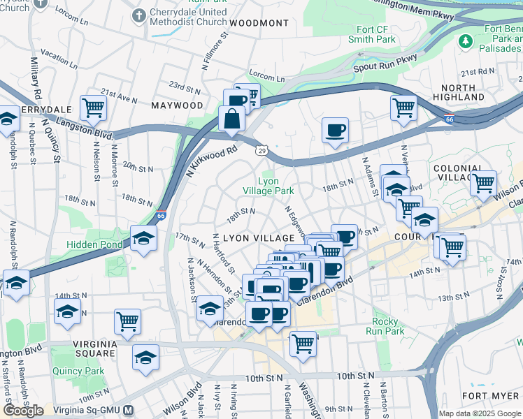 map of restaurants, bars, coffee shops, grocery stores, and more near 3107 18th Street North in Arlington