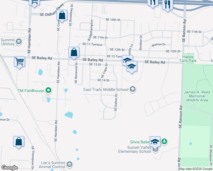 map of restaurants, bars, coffee shops, grocery stores, and more near 940 Southeast 14th Terrace in Lee's Summit