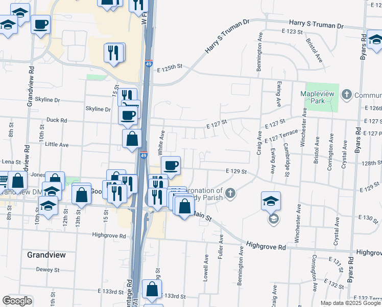 map of restaurants, bars, coffee shops, grocery stores, and more near 6226 East 129th Street in Grandview
