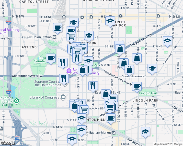 map of restaurants, bars, coffee shops, grocery stores, and more near 101 Independence Avenue Southeast in Washington