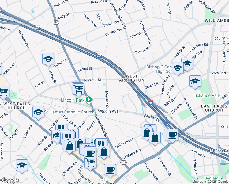 map of restaurants, bars, coffee shops, grocery stores, and more near 412 Dorchester Road in Falls Church