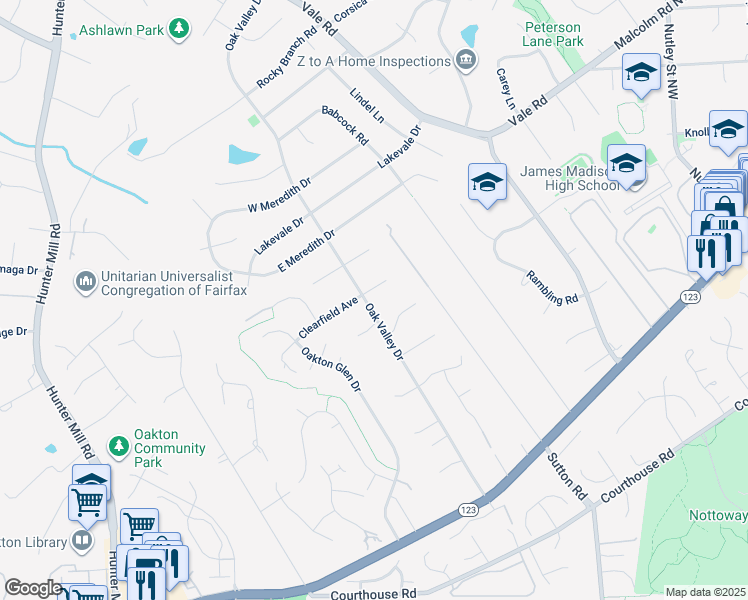 map of restaurants, bars, coffee shops, grocery stores, and more near 2619 Oak Valley Drive in Vienna
