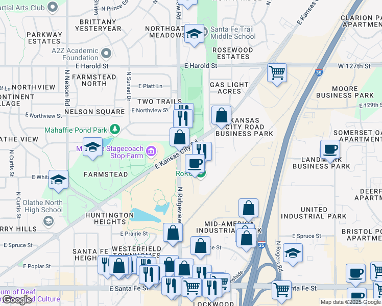 map of restaurants, bars, coffee shops, grocery stores, and more near 790 North Ridgeview Road in Olathe