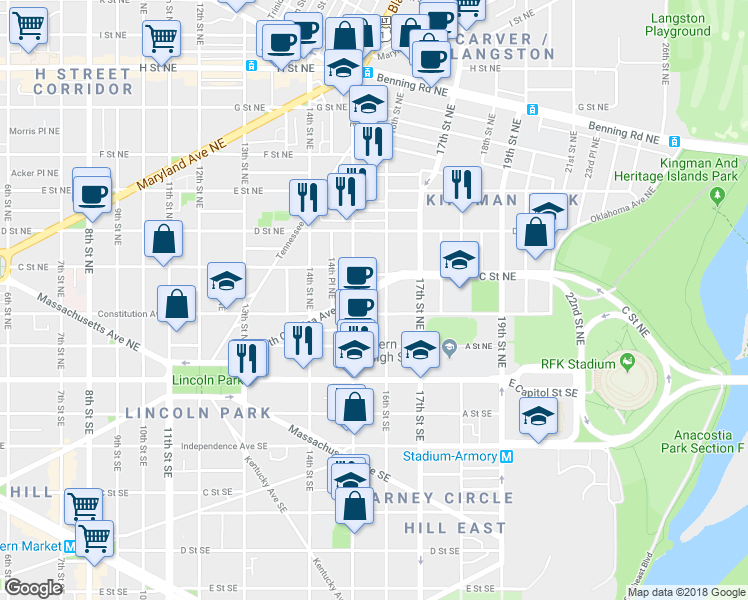 map of restaurants, bars, coffee shops, grocery stores, and more near 1533 North Carolina Avenue Northeast in Washington