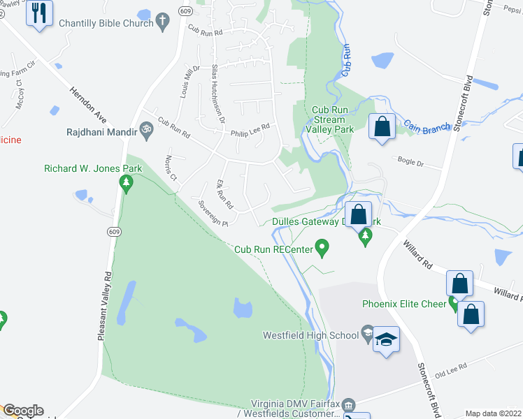 map of restaurants, bars, coffee shops, grocery stores, and more near 15123 Elk Run Road in Chantilly