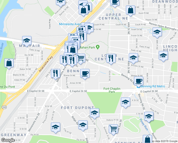 map of restaurants, bars, coffee shops, grocery stores, and more near 4017 Clay Place Northeast in Washington