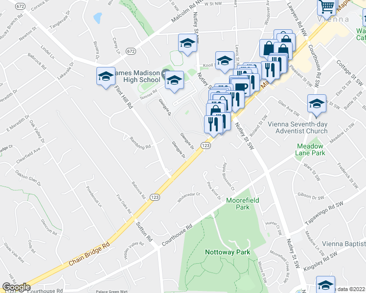 map of restaurants, bars, coffee shops, grocery stores, and more near 2662 Glengyle Drive in Vienna