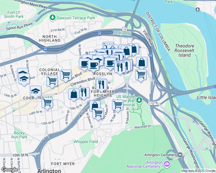map of restaurants, bars, coffee shops, grocery stores, and more near 1600 Fairfax Drive in Arlington