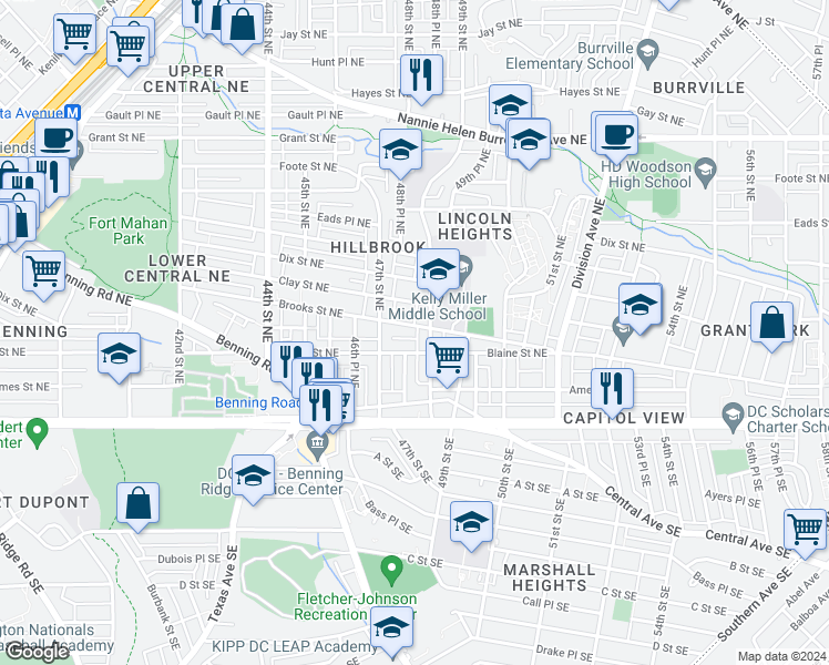 map of restaurants, bars, coffee shops, grocery stores, and more near 4741 Brooks Street Northeast in Washington