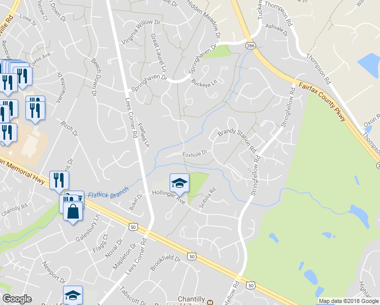 map of restaurants, bars, coffee shops, grocery stores, and more near 13354 Foxhole Drive in Fairfax