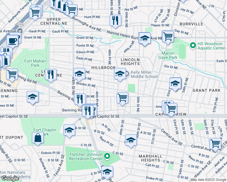 map of restaurants, bars, coffee shops, grocery stores, and more near 4741 Brooks Street Northeast in Washington