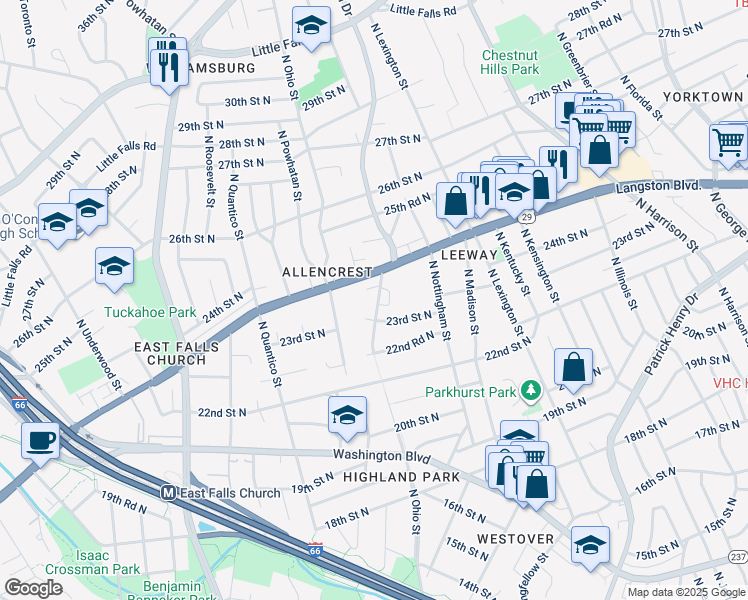 map of restaurants, bars, coffee shops, grocery stores, and more near 2316 John Marshall Drive in Arlington