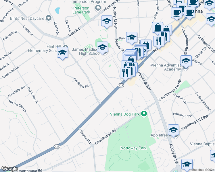 map of restaurants, bars, coffee shops, grocery stores, and more near 2662 Glengyle Drive in Vienna