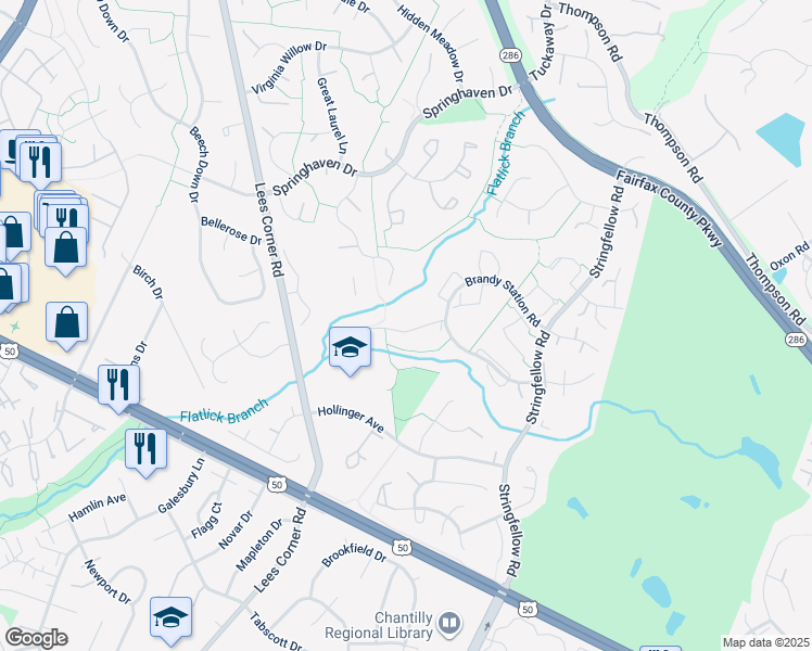 map of restaurants, bars, coffee shops, grocery stores, and more near 13346 Foxhole Drive in Fairfax