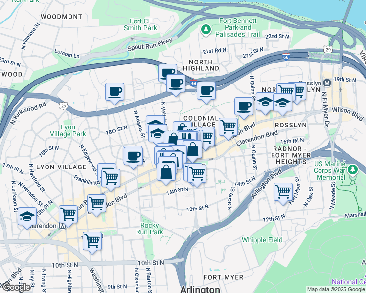 map of restaurants, bars, coffee shops, grocery stores, and more near 2101 Wilson Boulevard in Arlington