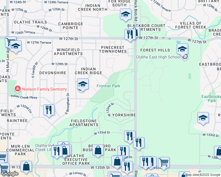 map of restaurants, bars, coffee shops, grocery stores, and more near 15501 Indian Creek Parkway in Olathe