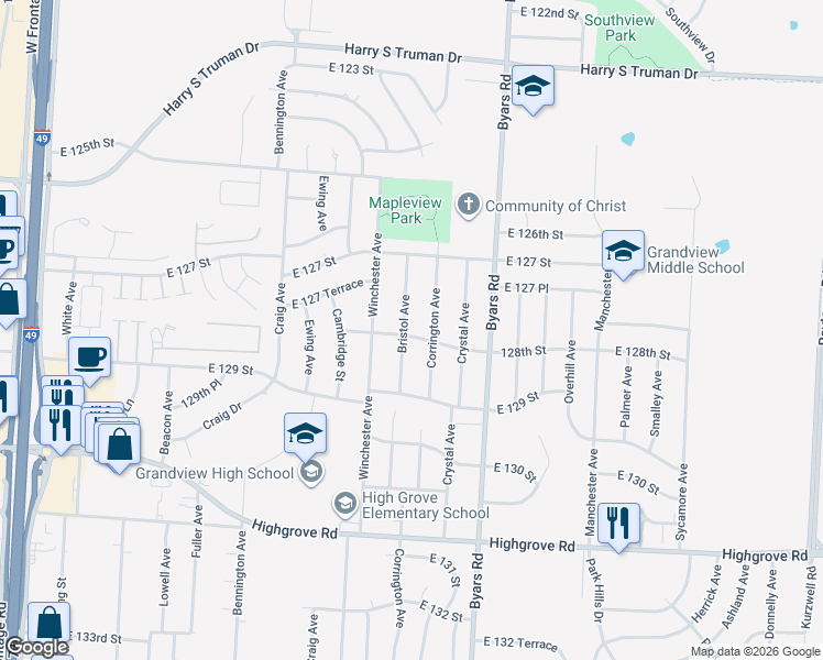 map of restaurants, bars, coffee shops, grocery stores, and more near 12804 Bristol Avenue in Grandview