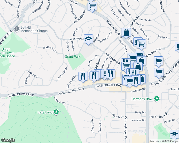 map of restaurants, bars, coffee shops, grocery stores, and more near 3524 Indianpipe Circle in Colorado Springs