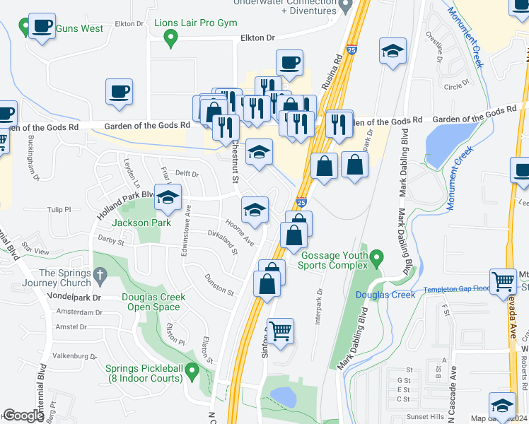 map of restaurants, bars, coffee shops, grocery stores, and more near 4327 North Chestnut Street in Colorado Springs