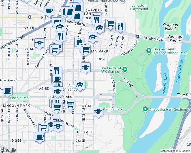 map of restaurants, bars, coffee shops, grocery stores, and more near 101 Independence Avenue Southeast in Washington