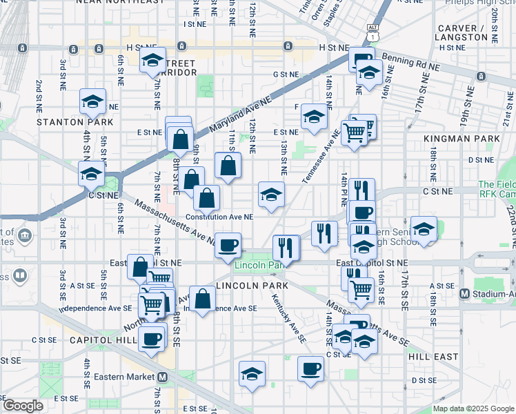 map of restaurants, bars, coffee shops, grocery stores, and more near 101 Independence Avenue Southeast in Washington