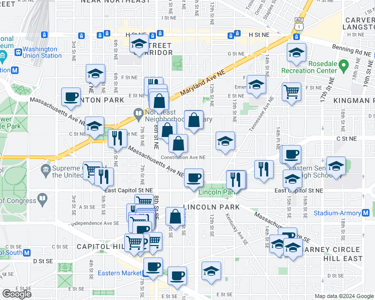 map of restaurants, bars, coffee shops, grocery stores, and more near 101 Independence Avenue Southeast in Washington
