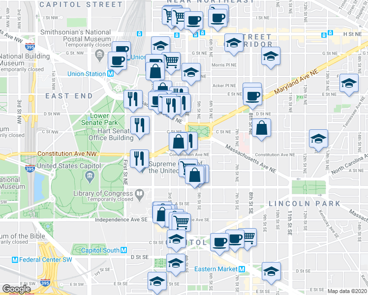 map of restaurants, bars, coffee shops, grocery stores, and more near 101 Independence Avenue Southeast in Washington
