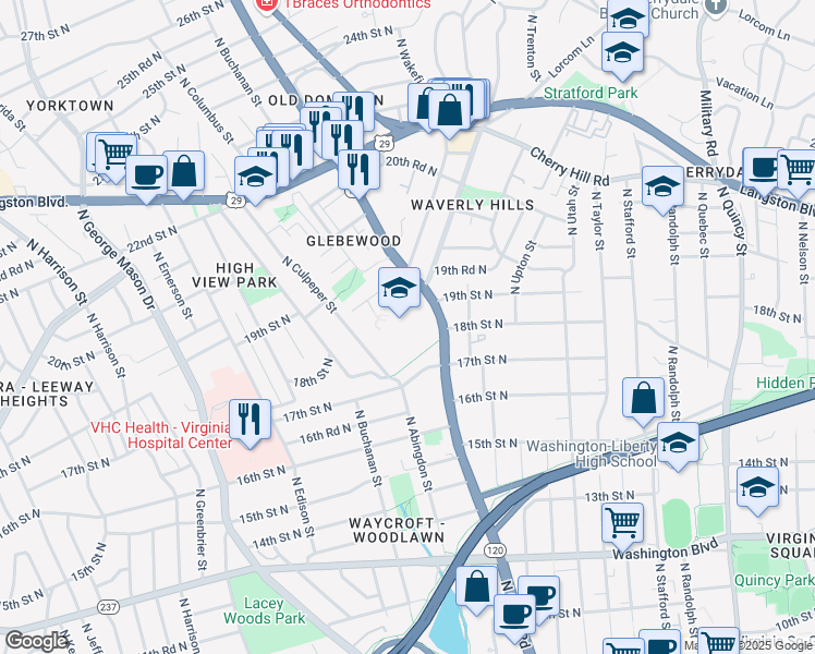 map of restaurants, bars, coffee shops, grocery stores, and more near 1770 North Glebe Road in Arlington