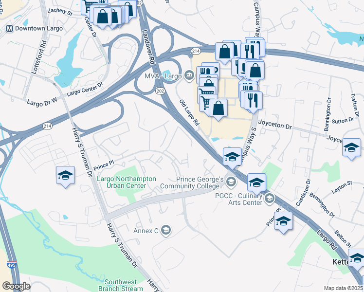 map of restaurants, bars, coffee shops, grocery stores, and more near 10230 Prince Place in Upper Marlboro