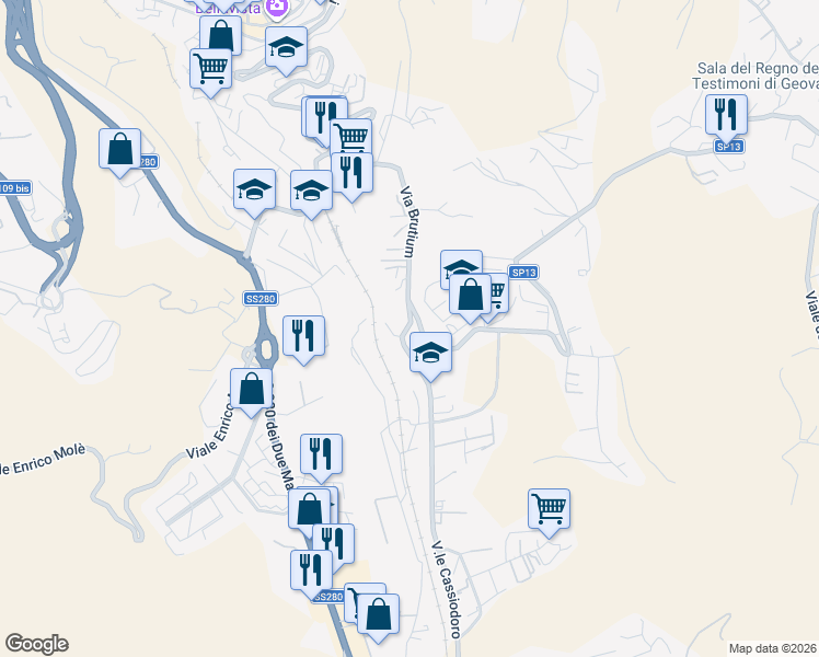 map of restaurants, bars, coffee shops, grocery stores, and more near 71 Viale degli Angioini in Catanzaro
