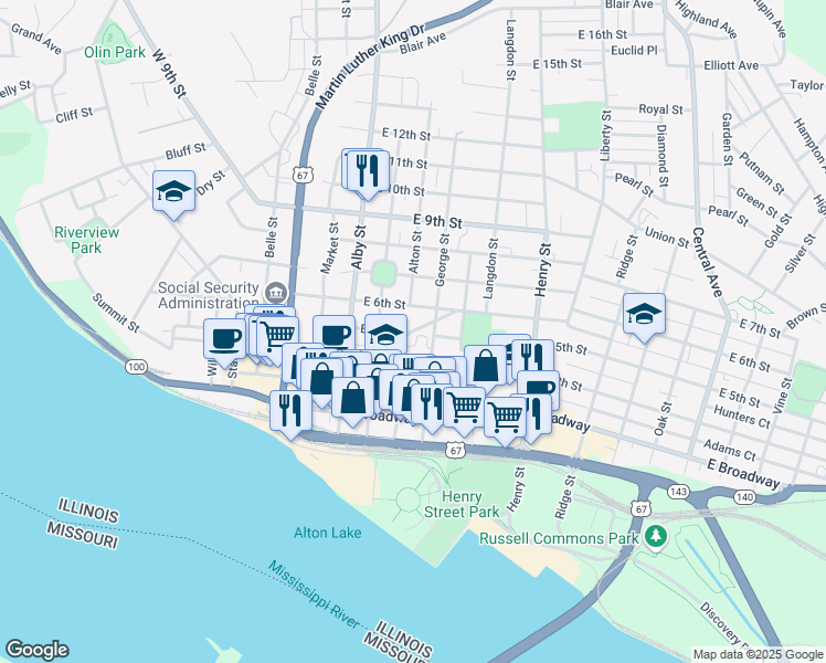 map of restaurants, bars, coffee shops, grocery stores, and more near Court Street in Alton