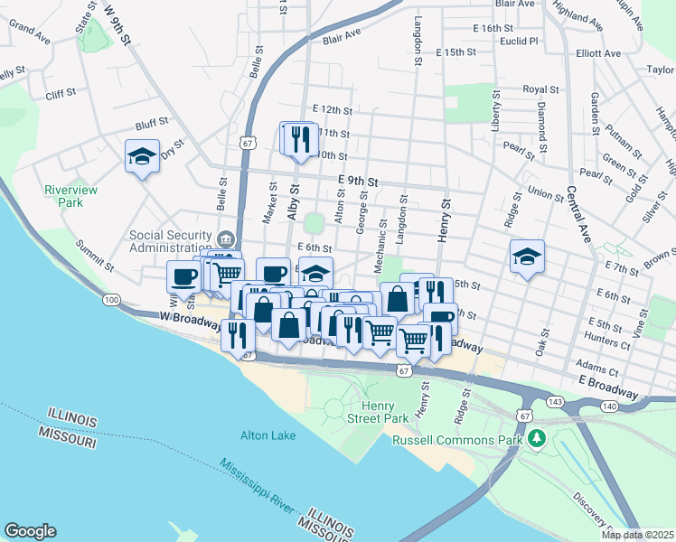 map of restaurants, bars, coffee shops, grocery stores, and more near Court Street in Alton