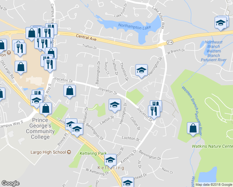 map of restaurants, bars, coffee shops, grocery stores, and more near 10909 Joyceton Drive in Upper Marlboro
