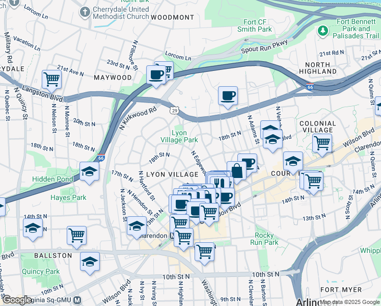 map of restaurants, bars, coffee shops, grocery stores, and more near 1720 North Edgewood Street in Arlington