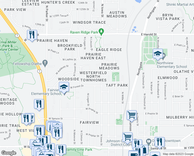 map of restaurants, bars, coffee shops, grocery stores, and more near 801 North Iowa Street in Olathe